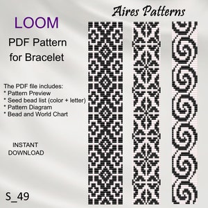 Op de afbeelding: Zwart-witte weefpatronen voor een armband. De patronen omvatten geometrische ontwerpen en een spiraalontwerp. De afbeelding bevat de tekst "LOOM PDF Pattern for Bracelet" en "Aires Patterns".