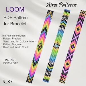 Può includere: Un modello PDF digitale per braccialetto a telaio di Aires Patterns. L'immagine mostra tre strisce verticali di disegni con perline colorate, caratterizzate da motivi geometrici a chevron e rombi in sfumature arcobaleno, verde, blu e rosa.