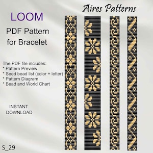 Op de afbeelding: Vier verschillende kralenpatronen voor een armband, getoond in zwart en goud. De patronen omvatten een bloemenpatroon, een geometrisch patroon, een spiraalpatroon en een golfpatroon. De tekst "LOOM PDF Pattern for Bracelet" en "Aires Patterns" is ook zichtbaar.