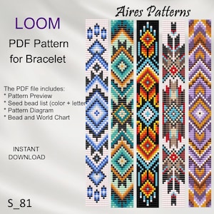 May include: A digital PDF pattern for loom bracelets. The image displays several colorful bracelet designs with geometric patterns in blue, turquoise, orange, and purple. Text includes "LOOM PDF Pattern for Bracelet" and "Aires Patterns."