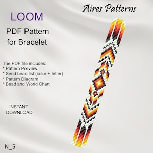 Może przedstawiać: Wzór PDF na bransoletkę. Projekt przedstawia geometryczny wzór w odcieniach czerwieni, pomarańczy, żółci, czerni i bieli. Tekst na obrazku brzmi "LOOM PDF Pattern for Bracelet" i "Aires Patterns".
