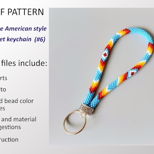 May include: A blue, red, white, and yellow beaded wristlet keychain with a silver key ring. The keychain is in the Native American style. PDF files include charts, photos, seed bead color codes, tool and material suggestions, and instructions.