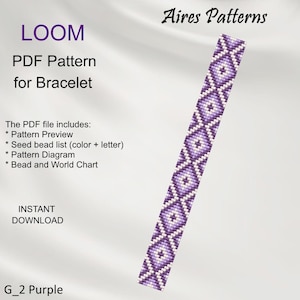May include: A purple and white beaded bracelet pattern for loom beading. The pattern includes a preview, bead list, diagram, and bead and world chart. The pattern is called "G_2 Purple" and is available for instant download.  Aires Patterns.