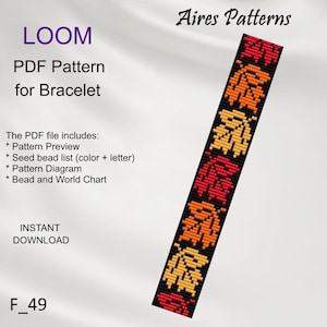 Puede incluir: Un patrón de pulsera negro con un diseño de hojas en rojo, naranja y amarillo. La imagen incluye el texto "LOOM PDF Pattern for Bracelet" y "Aires Patterns". El patrón incluye una vista previa, una lista de cuentas, un diagrama y un gráfico de cuentas.