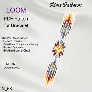 May include: A colourful loom beading pattern for a bracelet, featuring a geometric design with red, yellow, blue, and white beads. The pattern is labelled "N_68" and "Aires Patterns".