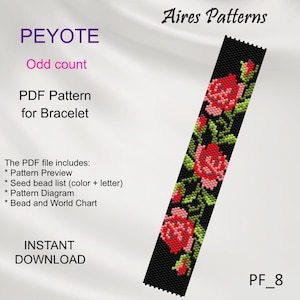 Puede incluir: Un patrón PDF para una pulsera de punto peyote impar de Aires Patterns. El diseño presenta rosas rojas con hojas verdes sobre un fondo negro. El texto incluye PEYOTE, Odd count, PDF Pattern for Bracelet e INSTANT DOWNLOAD.