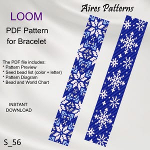 Peut inclure: Un modèle PDF pour un bracelet à tisser avec deux motifs de flocons de neige. Les motifs sont en bleu, blanc et argent. Le texte "LOOM PDF Pattern for Bracelet" et "Aires Patterns" est visible sur l'image.