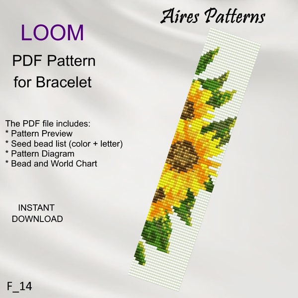 Sunflower PDF Bead loom bracelet yellow flower pattern, Miyuki Delica PDF Pattern, Beading instant download F_14