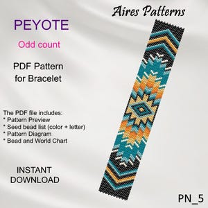 Könnte beinhalten: Ein Peyote-Stich-Perlenmuster für ein Armband mit einem geometrischen Design in den Farben Türkis, Orange, Gelb, Schwarz und Weiß. Das Muster heißt "PN_5" und ist ein Muster mit ungerader Anzahl. Die PDF-Datei enthält eine Musterübersicht, eine Perlenliste, ein Musterdiagramm und eine Perlen- und Weltkarte.