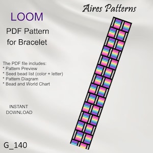 May include: A PDF pattern for a loom bracelet design. The design features a repeating pattern of colorful rectangles in shades of pink, blue, yellow, and purple. The text includes "LOOM", "PDF Pattern for Bracelet", and "Aires Patterns".
