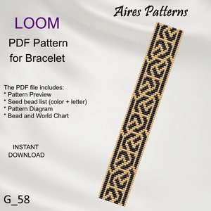 May include: A black and gold loom bead bracelet pattern, titled "LOOM PDF Pattern for Bracelet". The pattern includes a preview, bead list, diagram, and bead and world chart. The text "Aires Patterns" and "G_58" are also visible.
