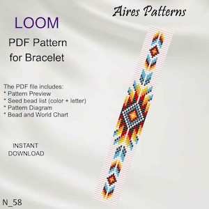 May include: A colorful beaded bracelet pattern for loom beading. The pattern includes a preview, bead list, diagram, and bead and world chart. The pattern is called "N_58" and is available for instant download.  Aires Patterns.