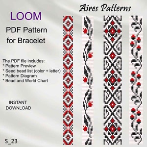 Könnte beinhalten: Vier verschiedene Perlenmuster für ein Webarmband. Die Muster sind geometrisch, floral und abstrakt. Die Muster sind in Schwarz, Weiß und Rot. Der Text "LOOM PDF Pattern for Bracelet" befindet sich oben im Bild. Der Text "Aires Patterns" befindet sich oben rechts im Bild. Der Text "The PDF file includes: * Pattern Preview * Seed bead list (color + letter) * Pattern Diagram * Bead and World Chart" befindet sich links im Bild. Der Text "INSTANT DOWNLOAD" befindet sich links im Bild. Der Text "S_23" befindet sich unten links im Bild.