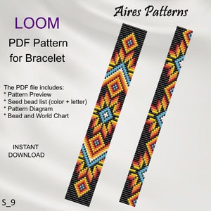 May include: Aires Patterns LOOM PDF Pattern for Bracelet. The PDF file includes: Pattern Preview, Seed bead list (color + letter), Pattern Diagram, Bead and World Chart. Instant Download. S_9. The image shows a colorful beaded bracelet pattern.