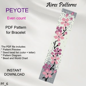 Peut inclure: Un modèle de téléchargement numérique pour un bracelet en point de peyote avec un motif floral en perles roses et grises. Le modèle comprend un aperçu, une liste de perles, un diagramme et un tableau des perles et du monde.  "PF_6" et "Aires Patterns" sont également visibles sur l'image.