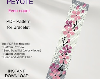 Sakura Peyote bead pattern for bracelet, EVEN Count Floral Bracelet, PDF pink flower pattern, Beading instant download PF_6