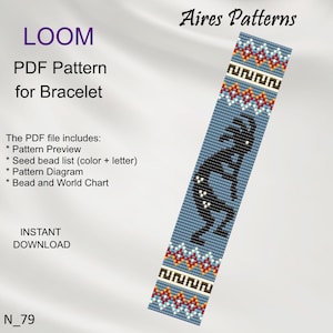 Könnte beinhalten: Ein PDF-Muster für ein Webarmband mit einer amerikanischen Indianer-Kachina-Figur in Schwarzweiß auf blauem Hintergrund. Das Muster enthält eine Perlenliste, ein Musterdiagramm und eine Perlen- und Weltkarte. Der Text "Aires Patterns" und "N_79" ist ebenfalls sichtbar.
