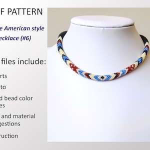 May include: A Native American style beaded necklace with black, white, red, and blue beads. The necklace is on a white mannequin bust.