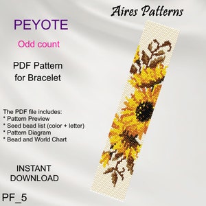 Sunflower Peyote bead pattern for bracelet, Odd Count Bracelet, PDF flower pattern, Beading instant download PF_5