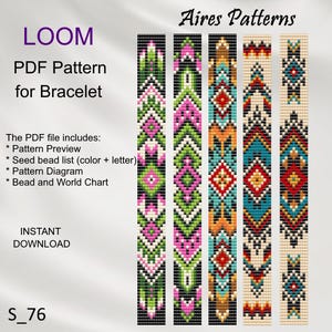 Może przedstawiać: Cyfrowy wzór PDF do tkania bransoletek. Projekt przedstawia kolorowe geometryczne wzory w kolorze różowym, zielonym, pomarańczowym i niebieskim. Tekst zawiera "LOOM PDF Pattern for Bracelet" i "Natychmiastowe pobieranie."