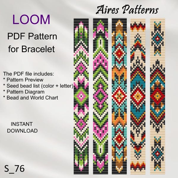 Ethnic Inspired Bead Loom Bracelet Patterns: Miyuki Delica DIY (PDF Pattern) S_76