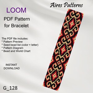 May include: A loom PDF pattern for a bracelet with a geometric design in red, black, and beige. The pattern includes a preview, seed bead list, pattern diagram, and bead chart. The text reads "LOOM PDF Pattern for Bracelet" and "Aires Patterns".