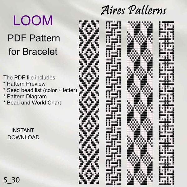 Set of 4, PDF Geometric Bead loom bracelet patterns, Miyuki Delica PDF Pattern, Beading instant download S_30