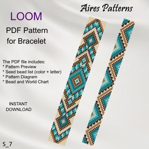 May include: A PDF pattern for a loom bracelet with a geometric design in shades of teal, brown, and white. The pattern includes a preview, bead list, diagram, and bead and world chart. Instant download.