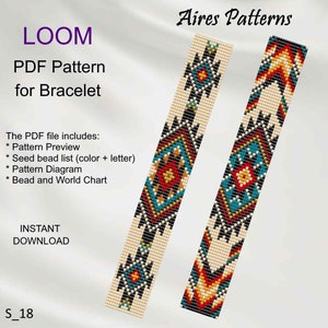 May include: A PDF pattern for a bracelet design. The design features a geometric pattern in black, red, turquoise, and yellow on a cream background. The text includes "LOOM", "PDF Pattern for Bracelet", and "INSTANT DOWNLOAD". The pattern includes a pattern preview, seed bead list, pattern diagram, and bead chart.
