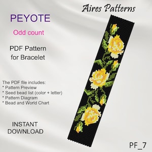 Puede incluir: Un patrón de pulsera negro con rosas amarillas y hojas verdes. El texto de la imagen dice "PEYOTE Odd count PDF Pattern for Bracelet" y "INSTANT DOWNLOAD". El patrón incluye una vista previa, una lista de cuentas, un diagrama y un gráfico de cuentas.