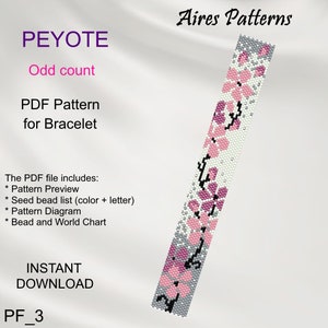 ブレスレット用サクラペヨーテビーズパターン、奇数カウントフローラルブレスレット、PDFピンクの花のパターン、ビーズの即時ダウンロードPF_3