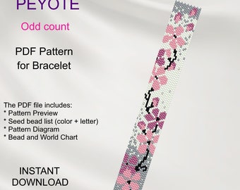 Sakura Peyote bead pattern for bracelet, Odd Count Floral Bracelet, PDF pink flower pattern, Beading instant download PF_3