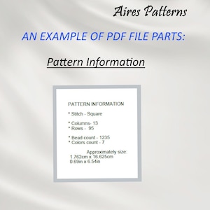 May include: A PDF file example showing pattern information for a beading project. The pattern is a square stitch with 13 columns and 95 rows. It requires 1235 beads and 7 colors. The finished size is approximately 1.76 inches by 6.54 inches.
