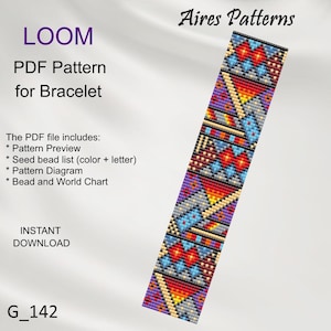 Könnte beinhalten: Ein PDF-Muster für ein Webarmband mit einem farbenfrohen geometrischen Design. Das Muster enthält eine Vorschau, eine Samenperlenliste, ein Musterdiagramm und eine Perlenkarte. Der Text "LOOM PDF Pattern for Bracelet" ist sichtbar.