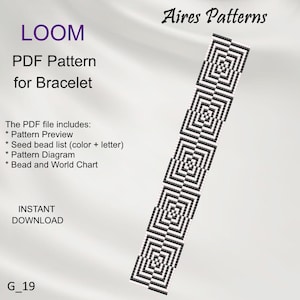 Puede incluir: Patrón de cuentas de telar en blanco y negro para un brazalete. El patrón se llama "G_19" y está disponible como PDF descargable. El PDF incluye una vista previa del patrón, una lista de cuentas de siembra, un diagrama del patrón y un gráfico de cuentas y del mundo.