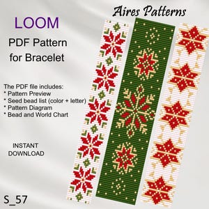 May include: Three loom beading patterns for bracelets. The patterns feature red, white, and green snowflakes and stars. The patterns are labeled "Aires Patterns".