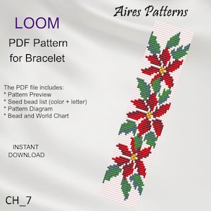 Puede incluir: Un patrón PDF para una pulsera con un diseño de flor de pascua. El patrón incluye una vista previa, una lista de cuentas, un diagrama y una tabla de cuentas. Los textos "LOOM" y "Aires Patterns" son visibles.