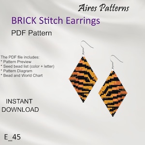 May include: A pair of diamond-shaped earrings with a brick stitch design in black and orange, hanging from silver hooks. The image includes text: "BRICK Stitch Earrings PDF Pattern" and "INSTANT DOWNLOAD".