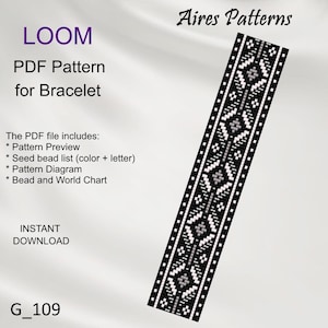 Peut inclure: Modèle de tissage de perles noir et blanc pour un bracelet. Le motif comprend un design géométrique avec des perles noires, blanches et grises. Le texte "LOOM PDF Pattern for Bracelet" et "Aires Patterns" est visible sur l'image. Le texte "G_109" est également visible sur l'image.