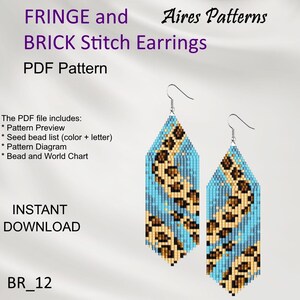 May include: A PDF pattern for Fringe and Brick Stitch earrings. The earrings are a light blue colour with a brown and tan leopard print design. The pattern includes a pattern preview, seed bead list, pattern diagram, and bead and world chart. Instant download.