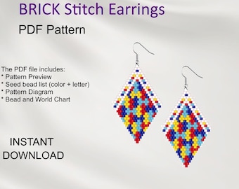 Autism Awareness Brick Stitch Earrings Pattern: Geometric Miyuki Delica Beaded Diamond (PDF Download E_56)