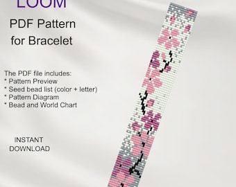 Sakura Loom Bead Pattern, Floral Miyuki Delica Bracelet PDF Pattern pink flower pattern, Beading instant download F_13