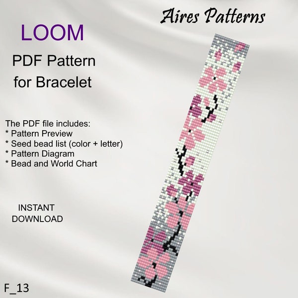 Sakura Loom Bead patroon, Floral Miyuki Delica armband PDF patroon roze bloemenpatroon, Beading instant download F_13