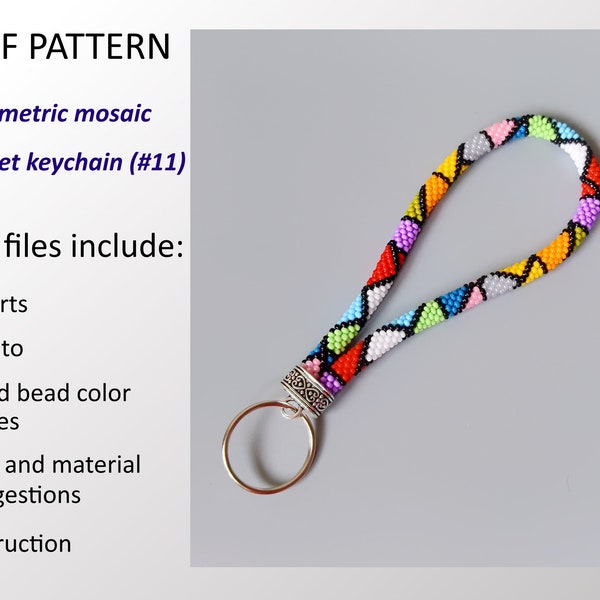 Patrón PDF Llavero de pulsera de mosaico geométrico llavero de pulsera, llavero de cuerda de ganchillo con cuentas