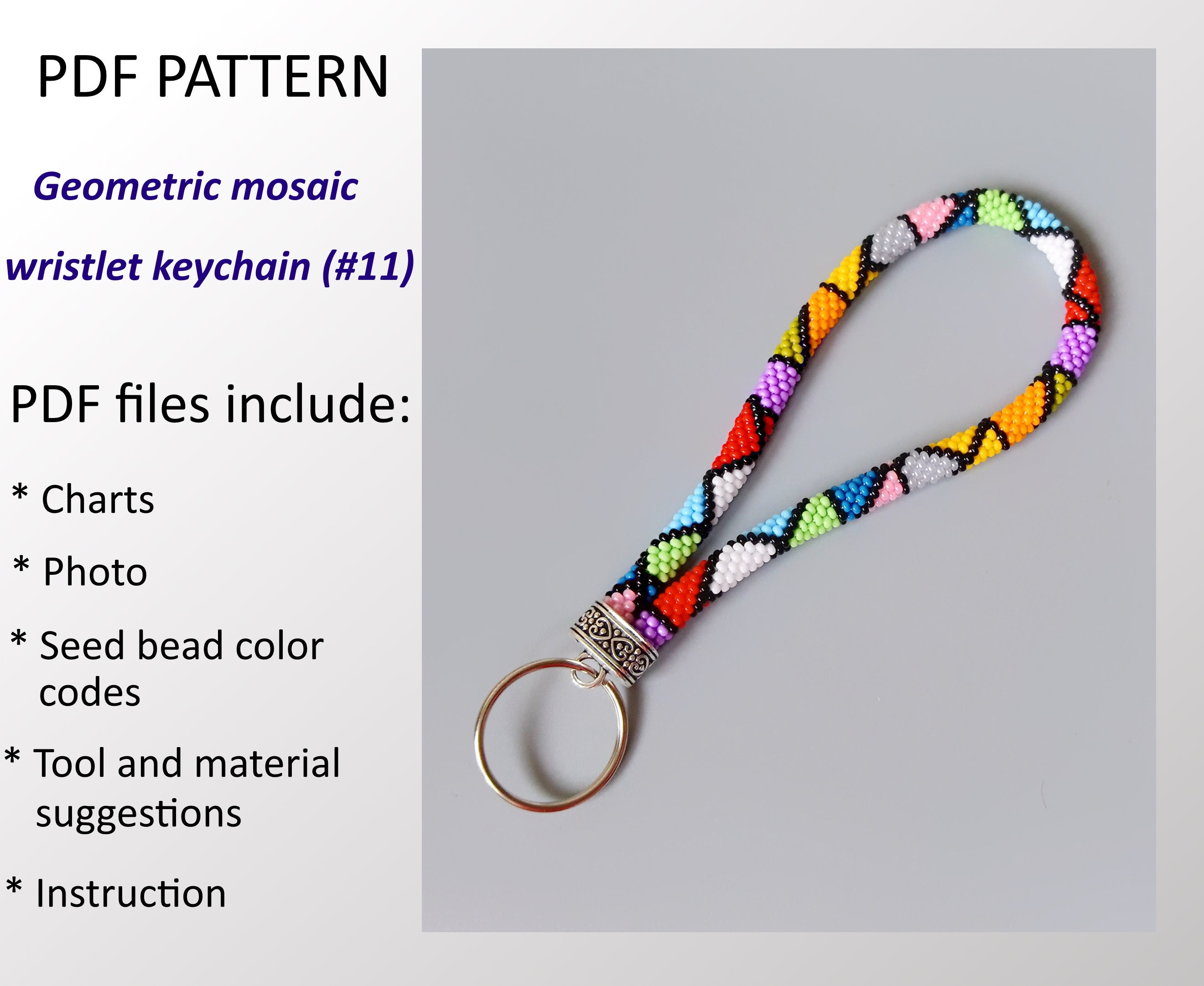 35 Beaded Crochet Patterns to Add Sparkle, Texture, and Giftable Charm 26 Beaded Crochet Wristlet Keychain Pattern: Geometric
