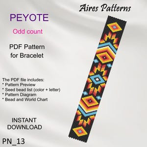 Op de afbeelding: Een kralenarmbandpatroon in peyotesteek met een geometrisch ontwerp met zwarte, oranje, gele, blauwe en witte kralen. Het patroon is voor een armband en heet "Peyote Odd Count". Het patroon is beschikbaar als directe download en is gemarkeerd met "PN_13".