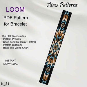 May include: A loom beading pattern for a bracelet featuring a geometric design in shades of blue, brown, and white. The pattern includes a preview, bead list, diagram, and bead and world chart. The pattern is available for instant download. N_51 Aires Patterns.