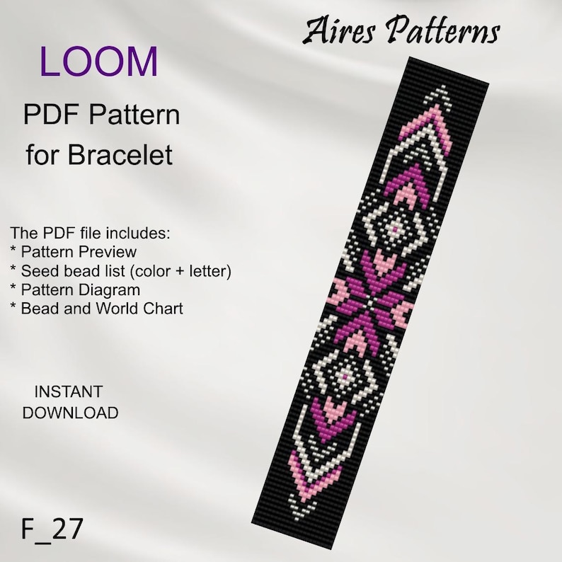 May include: A loom beading pattern for a bracelet with a geometric design in shades of pink, white, and black. The pattern is called "F_27" and is available as an instant download PDF. The PDF includes a pattern preview, seed bead list, pattern diagram, and bead and world chart.