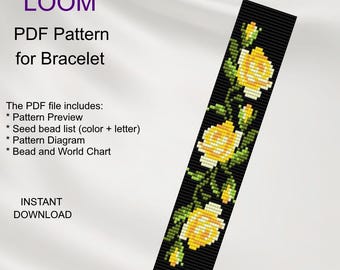 Yellow Rose Bead LOOM Bracelet Pattern: Floral Miyuki Delica (PDF Pattern)  F_23