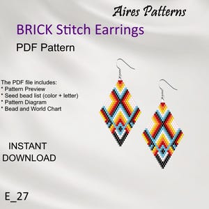 May include: A PDF pattern for brick stitch earrings. The earrings are diamond-shaped with a geometric pattern in red, yellow, blue, white, and black beads. The image includes the text "BRICK Stitch Earrings" and "INSTANT DOWNLOAD".